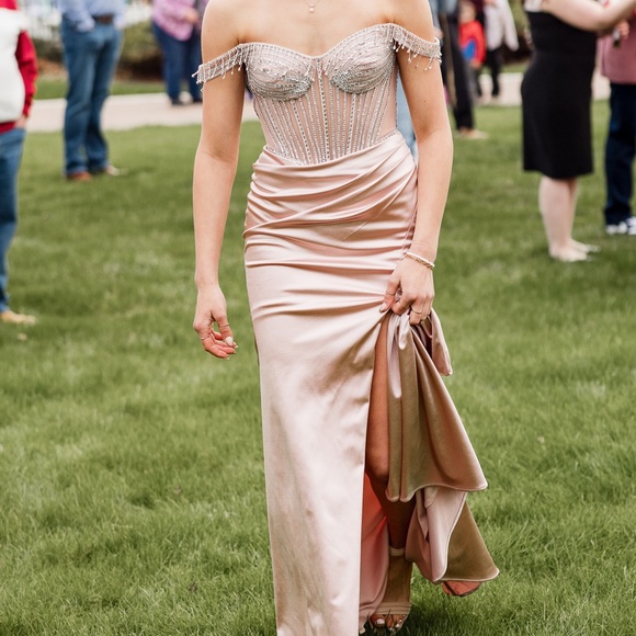 champagne pink prom dress